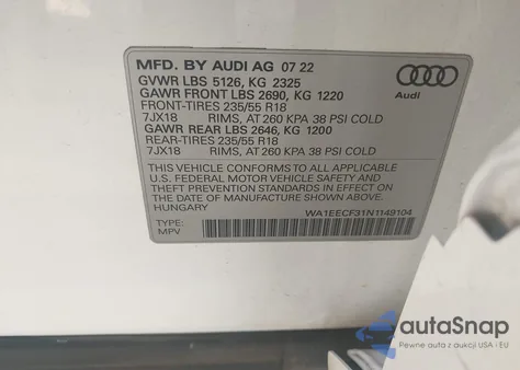 2022 Audi Q3 Premium Plus 45 Tfsi S Line Quattro Tiptronic из США, поврежденный, VIN WA1EECF31N1149104
